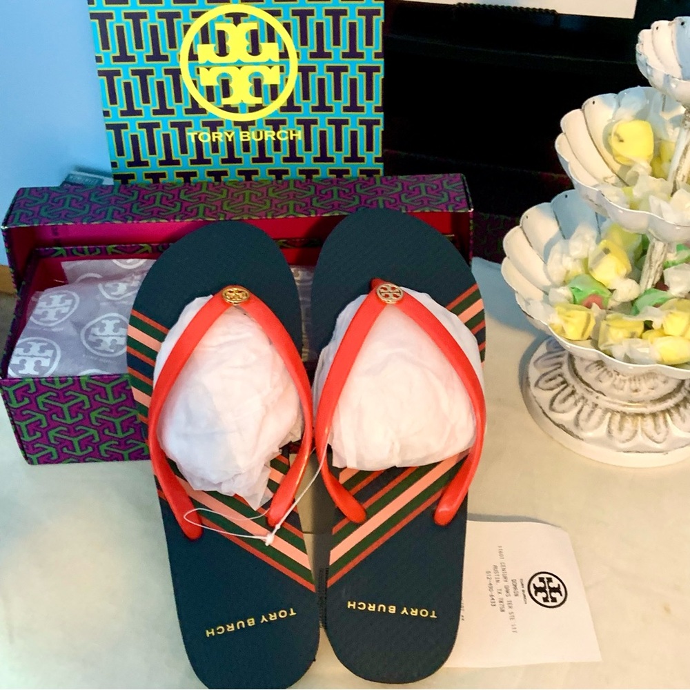 New Tory Burch Double T Signature Coral-Red Thong & Navy Stripe Flip Flops